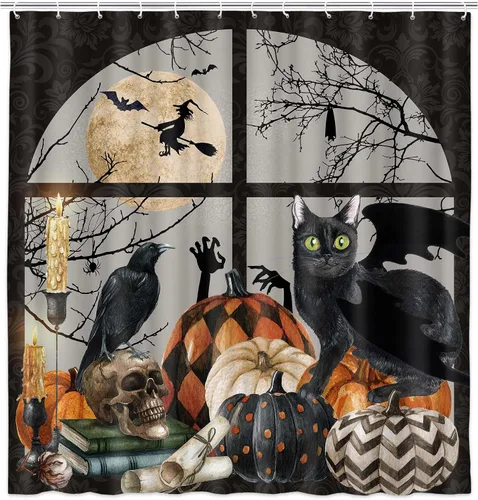 Miniatura 4 de Cortina de ducha de Halloween, espeluznante calabaza negra, gato negro, juego de cortina de ducha de esqueleto gótico, calavera de terror