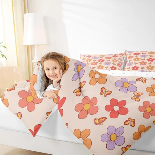 Miniatura 6 de Groovy - Juego de ropa de cama de flores tamaño individual, color morado y rosa, para niñas, bonito edredón de mariposa, color naranja y rojo
