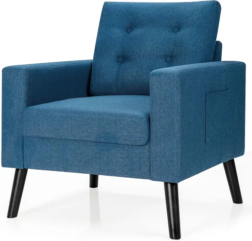 Miniatura 14 de Giantex Silla decorativa moderna, sillón tapizado de mediados de siglo con patas de madera de goma, tela de lino patentada, sofá individual