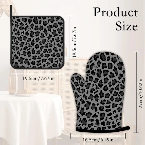 Miniatura 4 de Guantes de horno de leopardo gris y negro y soportes para ollas de cocina, juego de 2 piezas, almohadilla resistente al calor para hornear