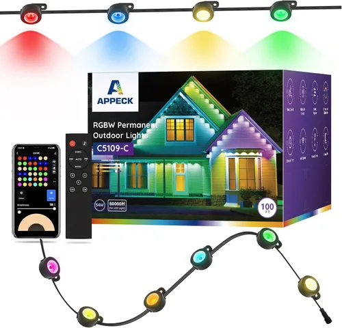 APPECK Luces de exterior permanentes de 100 pies con 72 LEDs, modos de escena DIY, luces de cadena RGBW inteligentes impermeables, control por Negro