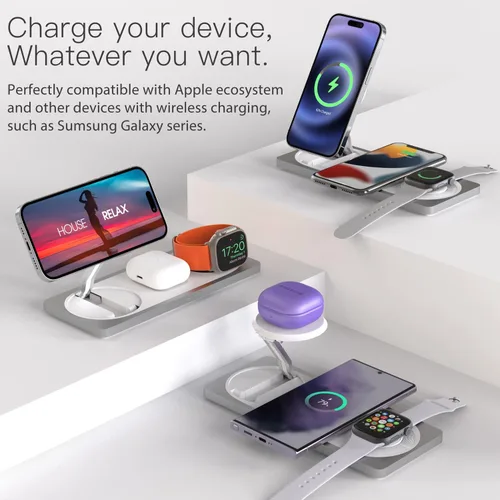 Miniatura 5 de Estación de carga 3 en 1 para dispositivos Apple: Usada para estación de carga de iPhone y reloj con soporte de cargador Magsafe, cargador Plateado