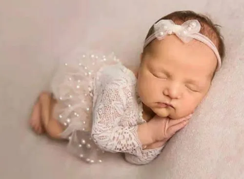 Miniatura 2 de Traje de fotografía para bebé, traje de encaje para recién nacido, sesión de fotos, diadema de flores, disfraz de princesa Blanco B