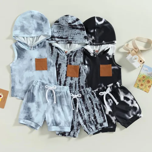 Miniatura 7 de JLKGICF Conjunto de ropa de verano para bebés y niños pequeños, a rayas, lisos, teñido anudado, sin mangas, con bolsillo, sudadera con cordón