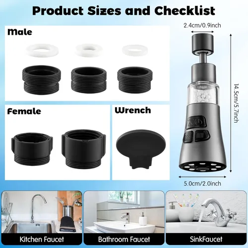 Miniatura 2 de Filtro de Agua para Grifo de Fregadero - Juego de Filtro de Grifo Giratorio de 360° con 9 Accesorios, Extensor Rociador Purificador de 3 Modos