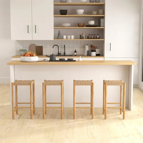 Miniatura 2 de Giantex Juego de 2 taburetes de bar de madera de altura de mostrador de 26 pulgadas, taburetes de bar de ratán bohemio, carga máxima de 330 libras