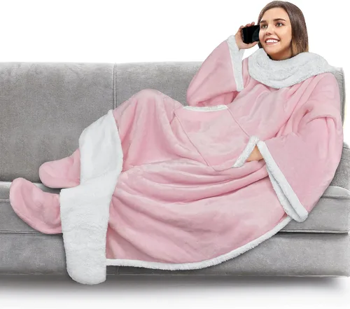 Miniatura 7 de PAVILIA Manta de forro polar con mangas, bolsillos para los pies para mujeres, hombres y adultos, manta de felpa para llevar, cálida manta