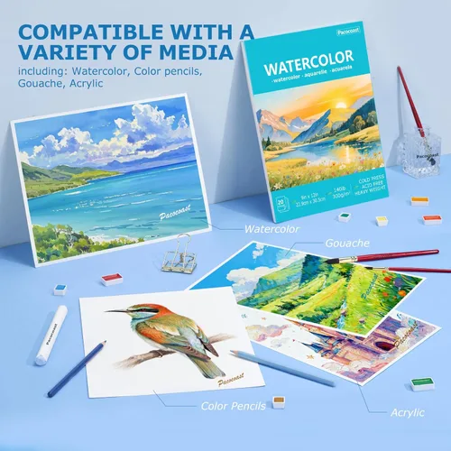 Miniatura 5 de Pacocoast Papel para Acuarela, 9"X12" Cuaderno de Bocetos de Prensa Fría para Artistas, (300gsm/140lb) Fichas de Color para Acrílico, Gouache