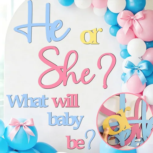 Miniatura 10 de Grandes calcomanías de revelación de género para telón de fondo, señal de baby shower de madera, ¿él o ella? ¿Qué será el bebé? Arco de globos
