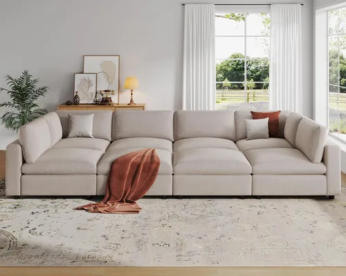 Miniatura 31 de VANOMi Sofá modular, cómodo sofá con marco de madera maciza de 3 asientos, sofá moderno certificado FSC para sala de estar, beige