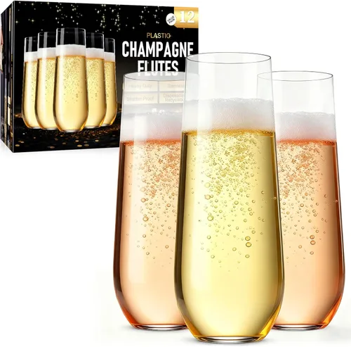 Guanqiao Paquete de 12 copas de champán de plástico sin pie, 266 ml, vasos de plástico transparentes desechables, vasos de mimosa irrompibles y
