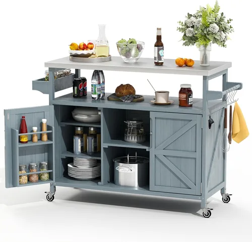 Miniatura 9 de Zevemomo - Carrito de parrilla al aire libre con almacenamiento, mesa de acero inoxidable para isla de cocina al aire libre, gabinete de buffet al