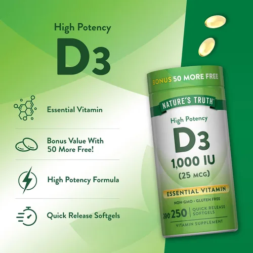 Miniatura 5 de Nature's Truth D3 1000 UI 250 cápsulas blandas Vitamina D esencial Suplemento sin OMG y sin gluten