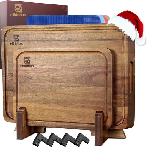 Juego de 7 tablas de cortar grandes, tabla de cortar de madera de acacia para cocina con soporte pies antideslizantes, alfombrillas de plástico para