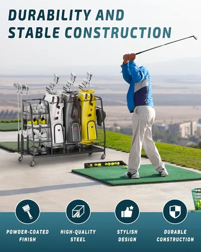 Miniatura 3 de Organizador de bolsas de golf para garaje – Estante de almacenamiento de 3 bolsas de golf con ruedas bloqueables – Soporte para equipos de golf
