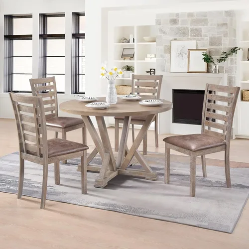Miniatura 3 de Mesa de comedor redonda para 4-6 personas con estante de almacenamiento, base de madera maciza, diseño de dos tonos, mesa de cocina redonda ideal