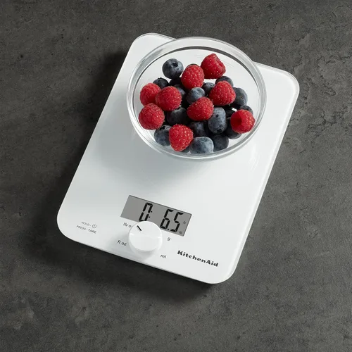 Miniatura 4 de KitchenAid KQ914WH Báscula digital para cocina y alimentos, superficie de vidrio, capacidad de 5 kg, para onzas y gramos de alimentos, ingredientes