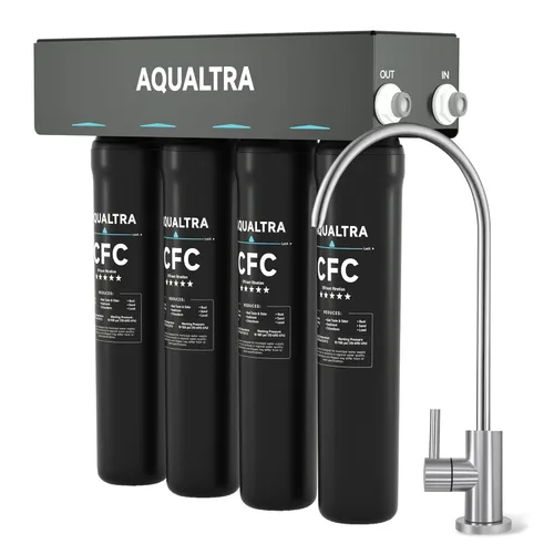 AQUALTRA USF-4F-15 Sistema de filtro de agua para debajo del fregadero, comercial de 80 K galones con grifo, reduce PFOA, PFOS, cloro, plomo,