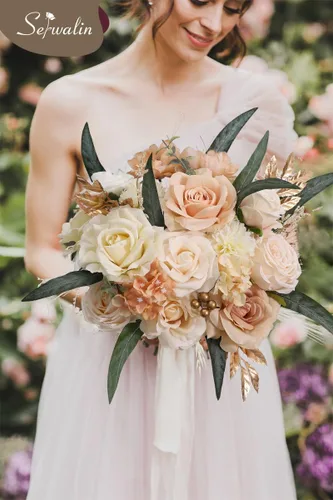Miniatura 3 de Serwalin Flores Artificiales Bohemias de Champán Flores Falsas de Boda Flores de Pastel para Ramos de Boda DIY Centros de Mesa para Despedida