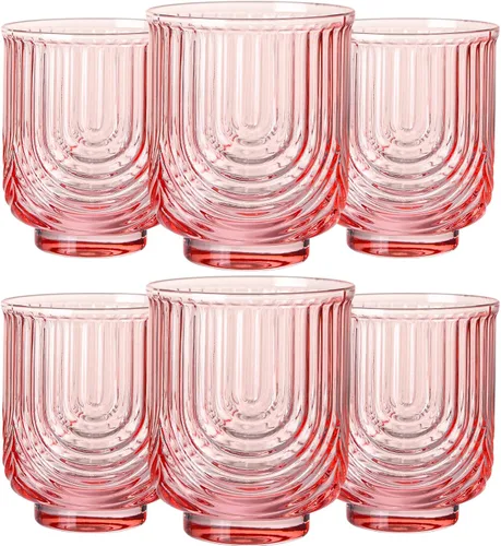 JOVGANK Juego de vasos de bebida vintage rosados de 6 a 14 onzas, vasos de vidrio rosa art déco, vasos de cóctel de whisky, para bar, jugo de café,