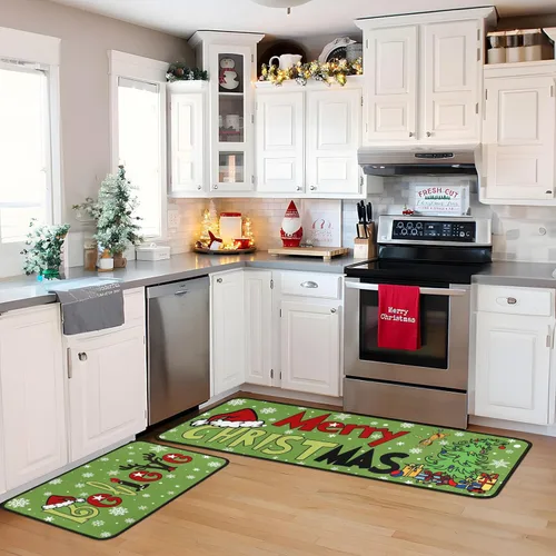 Miniatura 5 de Juego de 2 alfombras de cocina de Feliz Navidad, tapetes de cocina del Grinch para el suelo, decoración de cocina de Navidad, decoraciones festivas