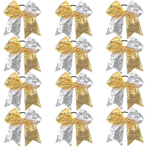 Miniatura 9 de Oaoleer 12 lazos grandes con purpurina para el pelo de 7 pulgadas, banda elástica hecha a mano para animadoras, adolescentes, niñas, deportes Negro