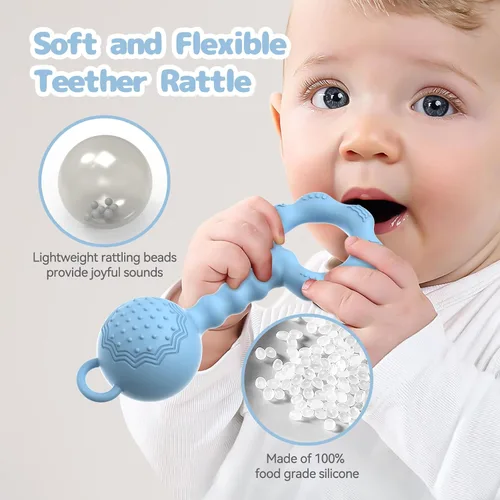 Miniatura 5 de Mordedores para bebés de 6 a 12 meses, sonajeros para bebés de 0 a 6 meses, sonajero 2 en 1 y juguete mordedor para calmar las encías doloridas