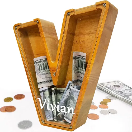 Miniatura 32 de Alcancía para niños y niñas, alcancía grande de madera personalizada con diseño recortado, bancos de monedas con letras del alfabeto, caja de ahorro