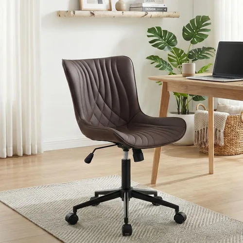 YOUNIKE Silla de oficina marrón, silla de escritorio sin brazos con ruedas, sillas de tareas de oficina en casa, moderna silla mecedora giratoria