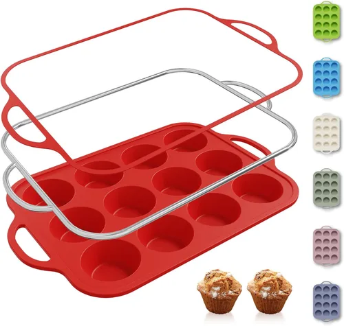 Miniatura 28 de 2 paquetes de 12 tazas de molde para magdalenas de silicona para hornear con marco reforzado de metal, molde para cupcakes de tamaño regular, Crema