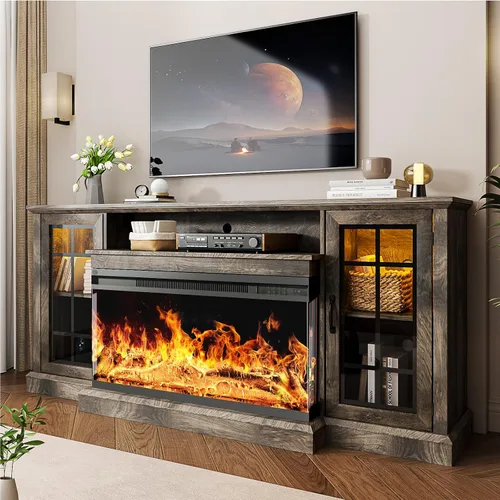 Miniatura 12 de oneinmil - Soporte de TV con chimenea de 59 pulgadas y vidrio en 3 lados para aparatos de hasta 65 pulgadas, centro de entretenimiento moderno