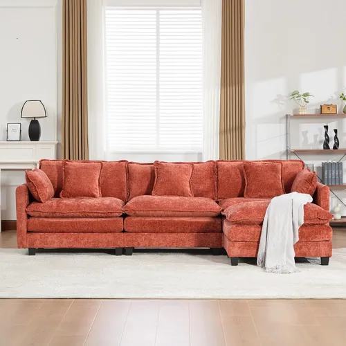 Miniatura 3 de Sofá modular naranja de 111.5 pulgadas, sofás seccionales grandes de 3 plazas para sala de estar, sofá nube de tela de felpilla de gran