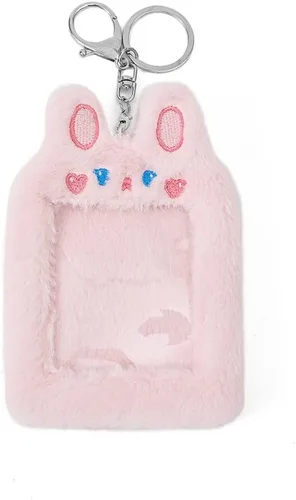 Kawaii Bear Tiger Bunny - Soporte para tarjeta de fotos de felpa Kpop ID de crédito, tarjeta de autobús, funda protectora con colgante de foto (rosa)