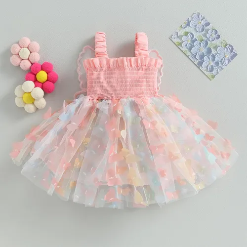 Miniatura 3 de Vestido de mameluco para bebé niña, sin mangas, espalda de mariposa, 3D, capas de mariposa, vestido formal de princesa para fiesta