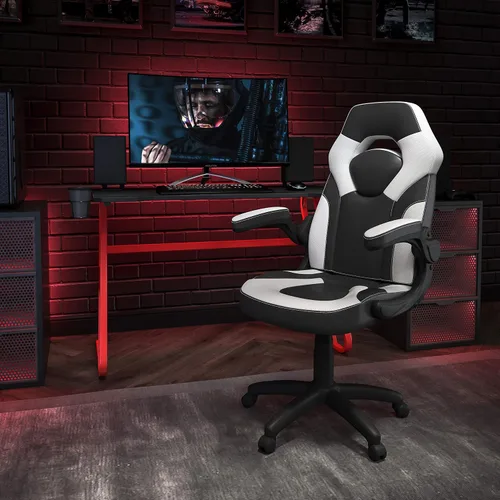 Flash Furniture - Juego de escritorio para juegos y sillas reclinables de color blanco y negro con soporte para taza y gancho para auriculares.