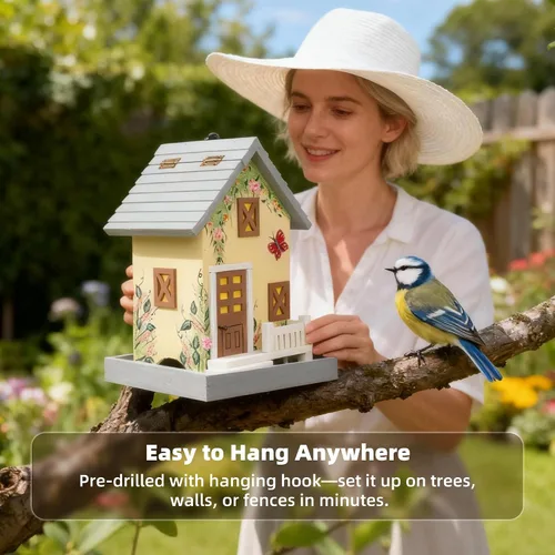 Miniatura 4 de MEWANG Comedero colgante para pájaros al aire libre, casa decorativa de madera para pájaros sin cámara para colibríes, cardenales y pájaros azules