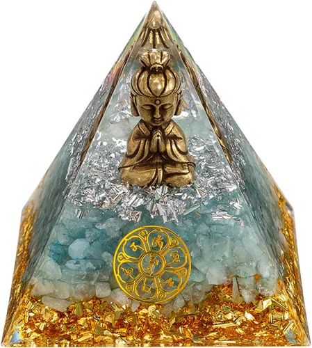 FENGSHUI-CAISHEN Pequeña estatua de Guan Yin en pirámide de orgón de cristal curativo, aventurina verde con figura de Quan Yin, decoración de