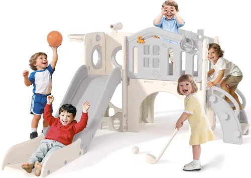 Miniatura 10 de KORIMEFA Juego de toboganes 10 en 1 para niños pequeños, tobogán para bebés de 1 a 3 años con lanzamiento de anillos y aro de baloncesto, juego
