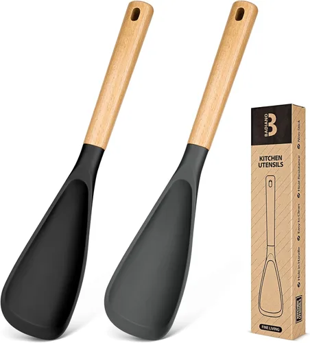 Miniatura 10 de Cuchara de cocina para utensilios de cocina antiadherentes, ideal para cocinar y servir silicona mate resistente sin BPA, cuchara con mango de Negro