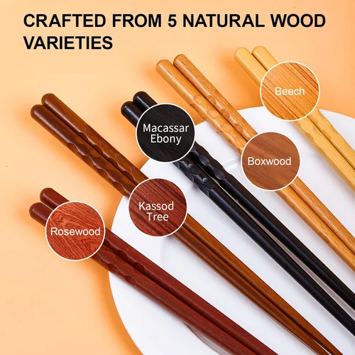 Miniatura 5 de MFJUNS 5 pares de palillos japoneses minimalistas reutilizables, juego de madera natural antideslizante de 8.8 pulgadas, ideal para sushi, fideos