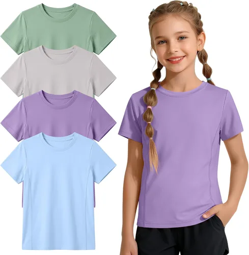 Miniatura 9 de Paquete de 4 camisetas atléticas de manga corta para niñas, de secado rápido, camisetas activas de verano con cuello redondo y ropa deportiva