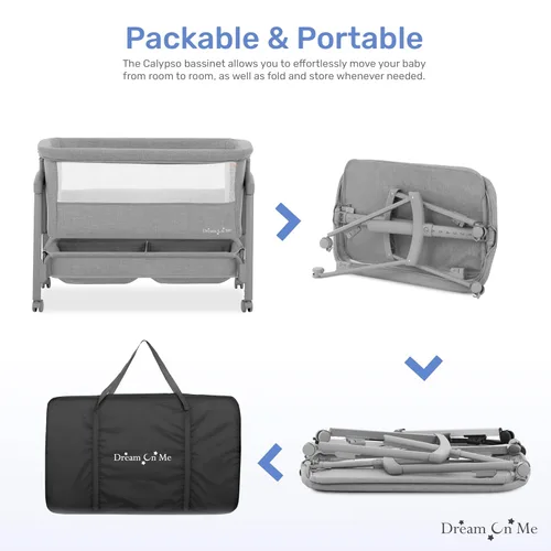 Miniatura 6 de Dream On Me Calypso - Moisés portátil con ruedas, altura ajustable, moisés plegable para bebé con laterales de malla transpirable, colchón de Gris
