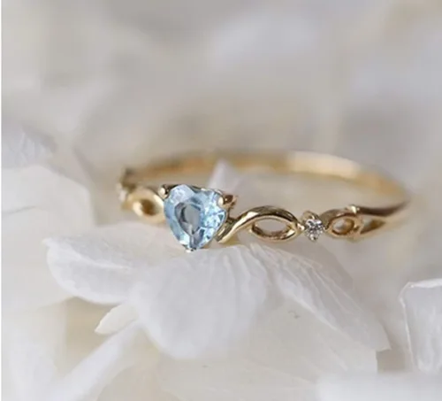Miniatura 2 de Joyería de moda 14k chapado en oro de 14 quilates, topacio azul mar, corazón de amor, circonita cúbica, anillo de diamantes para mujer, aniversario