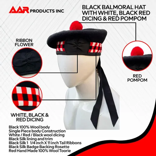 Miniatura 10 de AAR Gorros Glengarry Balmoral Kilt Scottish para hombre en dados y lisos 100% lana Piper 52-62