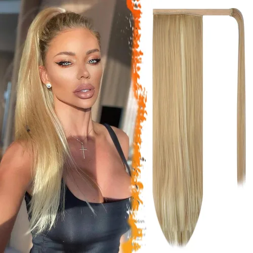 Miniatura 35 de BARSDAR Extensión de cola de caballo de 28 pulgadas largo recto envoltura alrededor del clip en pelo de fibra sintética para mujeres, negro
