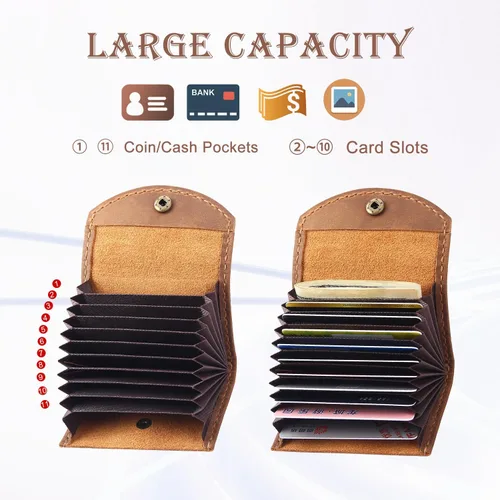 Miniatura 3 de Cartera de cuero genuino para tarjetas de crédito, organizador de tarjetas de crédito para mujeres y hombres, monedero pequeño llavero, Marrón