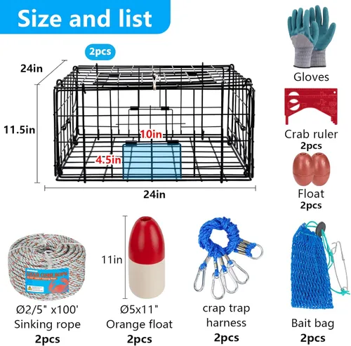 Miniatura 5 de QualyQualy 2 Packs Foldable Crab Trap 24", Crab Bait Bag，Pacific Heavy Duty Steel Crap Cage Kit with Harness, 100’ Sinking Line, Easy Store & Carry