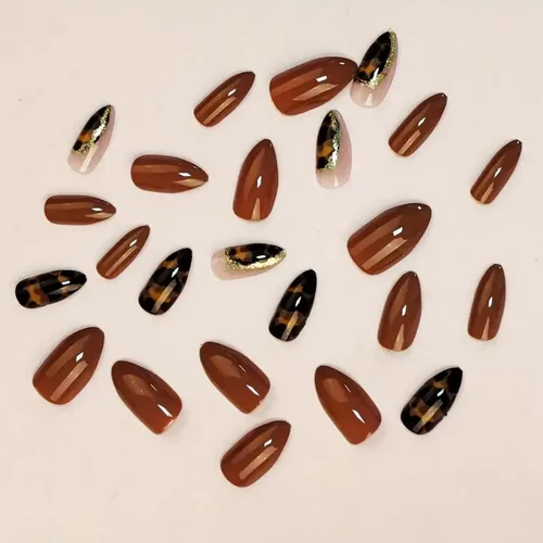 Miniatura 2 de Uñas postizas a presión de almendra marrón, medianas con diseños de leopardo y purpurina, uñas postizas en forma de almendra otoñal, uñas acrílicas