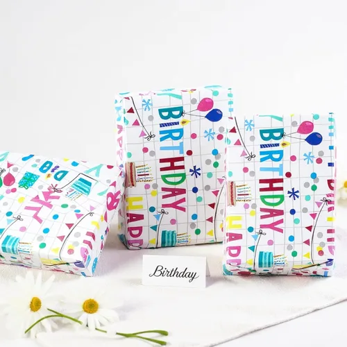Miniatura 5 de Miss DuiDui Rollo de papel de regalo de feliz cumpleaños, 17 pulgadas x 32.8 pies, texto colorido diseño de feliz cumpleaños, embalaje de regalo