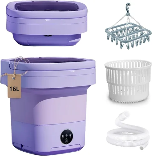 Lavadora portátil plegable de 16 litros con estante de secado, cesta giratoria, puerto de llenado superior, manguera de entrada de agua y tubo de